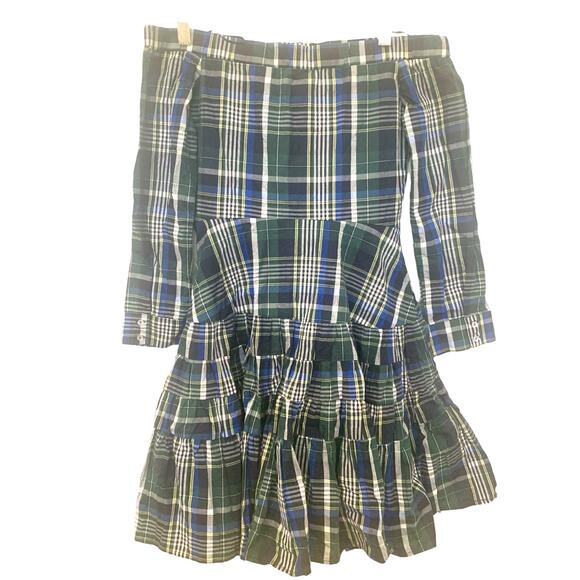 Gianni Bini Mini Dress S Blue Tartan Off Shoulder Button Up Preppy Schoolgirl - Picture 2 of 7